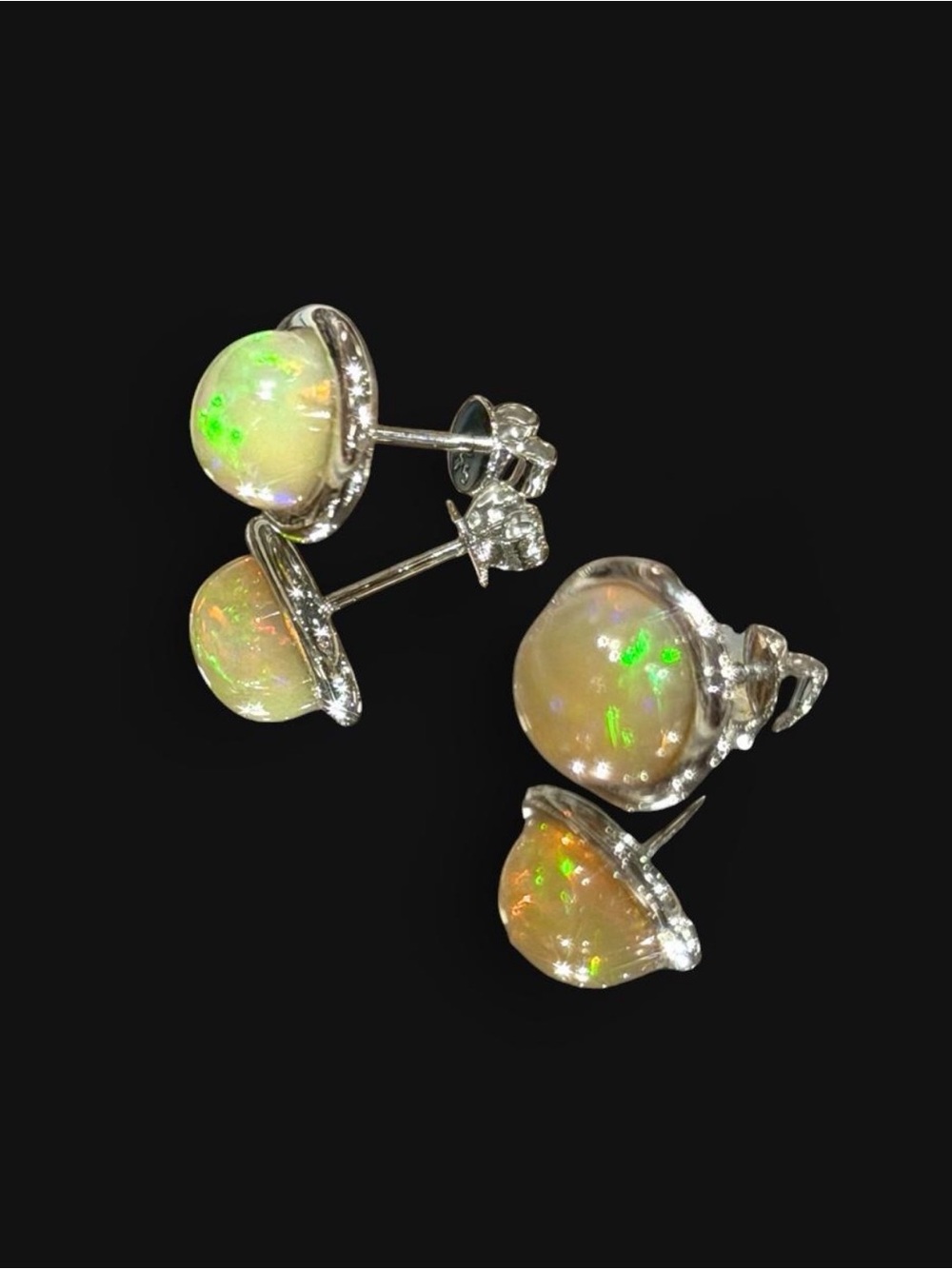 Brand New Natural Opal 9K Solid White Gold Sphere Bezel Settings Earrings/Studs